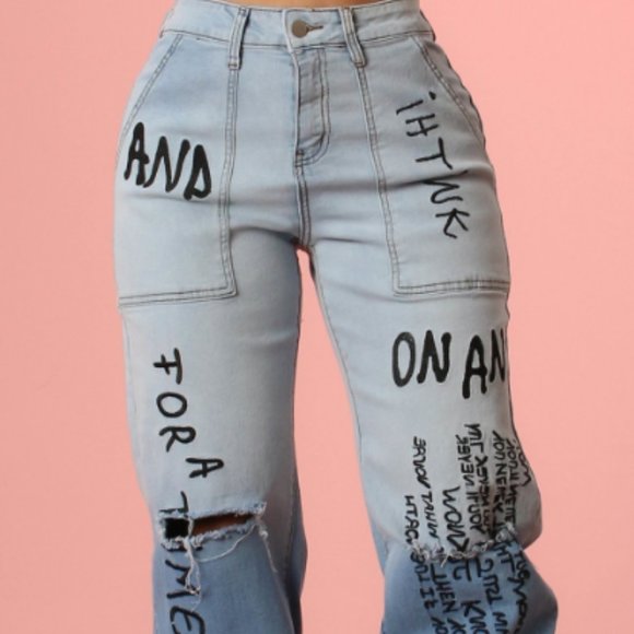 Denim - Wide Leg Stretch Jeans With Writing